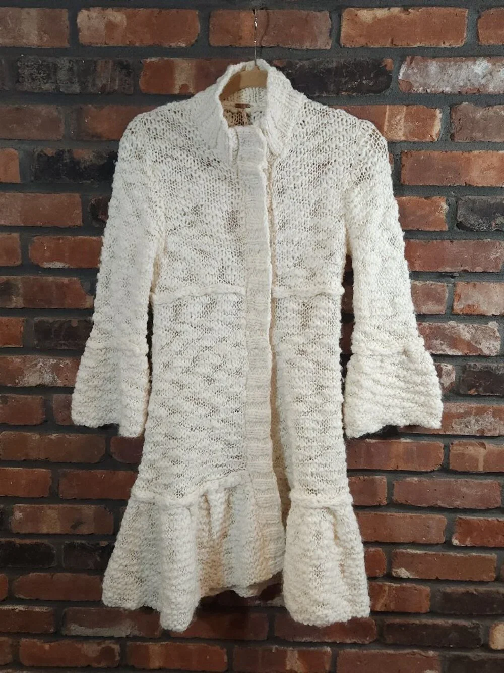 Free People Chunky Open Knit Flared Sleeve Midi Length Cardigan Boho Women's S